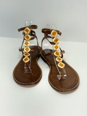 EXE Brown with orange and gold Jeweled T-Strap Gladiator Sandals size 8.5